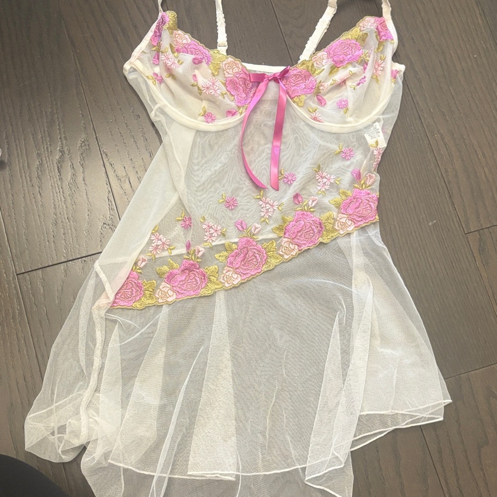 Faris baby doll beautiful  Sheer Whitwith Pink Floral Embroidery
